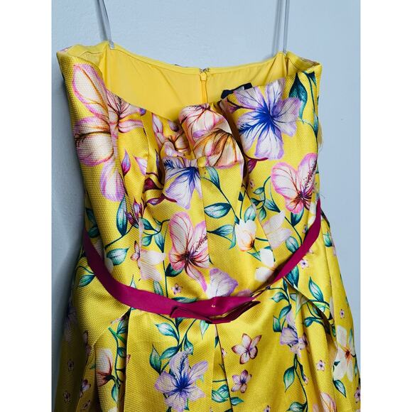 MARCHESA NOTTE Yellow Floral Printed Mikado Strapless Tea Midi Dress Size 18 - Picture 8 of 13